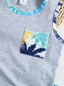 SHEIN Young Boy Tropical Print Vacation Style Simple Street Style Round Neck 2pcs/Set For Summer,Holiday,Summer,Travel - Multicolor - View 6