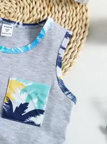 SHEIN Young Boy Tropical Print Vacation Style Simple Street Style Round Neck 2pcs/Set For Summer,Holiday,Summer,Travel - Multicolor - View 7