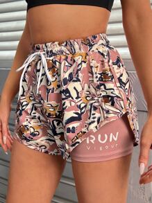 SHEIN Sports 滿版印花腰部抽繩假两件運動短褲 - 彩色 - 查看 1