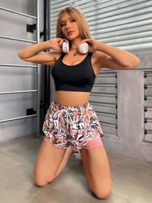 SHEIN Sports 滿版印花腰部抽繩假两件運動短褲 - 彩色 - 查看 5