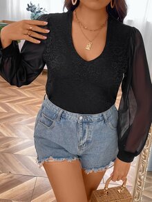 SHEIN LUNE Plus Contrast Mesh Lantern Sleeve Top - Black - View 4
