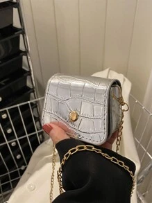 迷你金屬質感鱷魚壓紋翻蓋鏈條馬鞍包