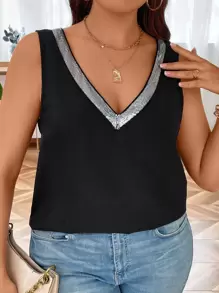 SHEIN LUNE Plus Contrast Sequin Tank Top - Black - View 4