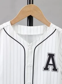 SHEIN 男小童白色條紋圖案字母標識運動休閒襯衫帶常規袖和V領翻領適合夏天 - 白色 - 查看 3