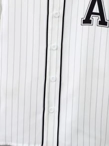 SHEIN 男小童白色條紋圖案字母標識運動休閒襯衫帶常規袖和V領翻領適合夏天 - 白色 - 查看 4