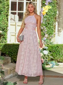 SHEIN Belle 1pc Jacquard Crisscross Back Halter Bridesmaid Dress - Baby Pink - View 1