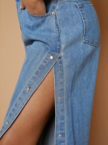 Jeans con botón lado ribete de pierna ancha bajo crudo - Azul lavado medio - Ver 3