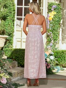 SHEIN Belle 1pc Jacquard Crisscross Back Halter Bridesmaid Dress - Baby Pink - View 2