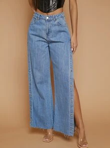 Jeans con botón lado ribete de pierna ancha bajo crudo - Azul lavado medio - Ver 4