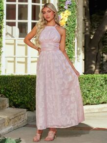 SHEIN Belle 1pc Jacquard Crisscross Back Halter Bridesmaid Dress - Baby Pink - View 3