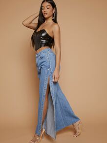 Jeans con botón lado ribete de pierna ancha bajo crudo - Azul lavado medio - Ver 5