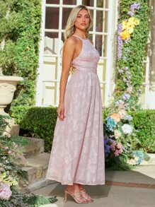 SHEIN Belle 1pc Jacquard Crisscross Back Halter Bridesmaid Dress - Baby Pink - View 7