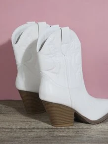 SHUZIA Pull On Block Heel Western Boots Cowboy Boots - White - View 4