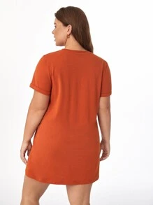 SHEIN BASICS Vestido De Camiseta De Bolsillo Sólido Para Mujer Con Tamaño Más Grande - Naranja - Ver 2