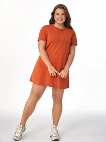 SHEIN BASICS Vestido De Camiseta De Bolsillo Sólido Para Mujer Con Tamaño Más Grande - Naranja - Ver 3