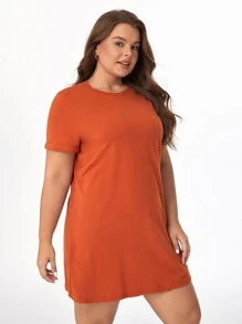 SHEIN BASICS Vestido De Camiseta De Bolsillo Sólido Para Mujer Con Tamaño Más Grande - Naranja - Ver 6