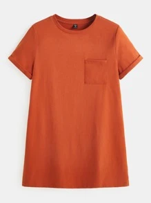 SHEIN BASICS Vestido De Camiseta De Bolsillo Sólido Para Mujer Con Tamaño Más Grande - Naranja - Ver 7