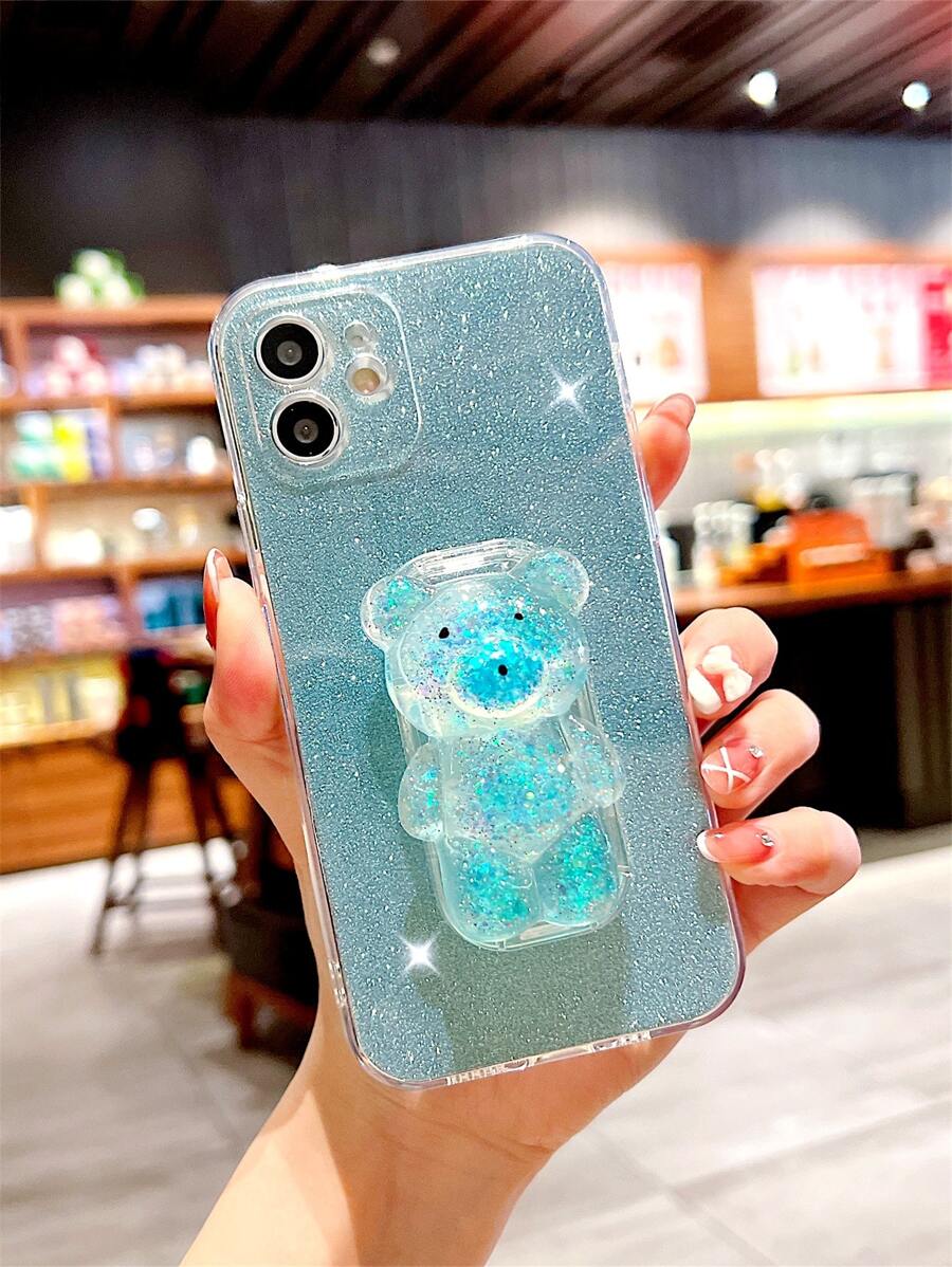 Glitter Phone Case With Bear Design Stand-Out Phone Grip - Blue and White - View 1