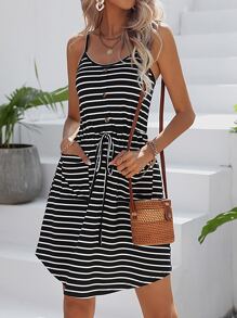 SHEIN LUNE Striped Print Knot Front Dual Pocket Cami Dress - Black and White - View 1