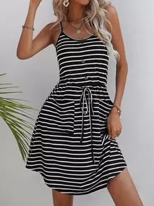 SHEIN LUNE Striped Print Knot Front Dual Pocket Cami Dress - Black and White - View 3