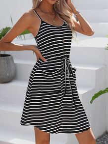 SHEIN LUNE Striped Print Knot Front Dual Pocket Cami Dress - Black and White - View 4