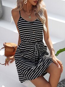 SHEIN LUNE Striped Print Knot Front Dual Pocket Cami Dress - Black and White - View 5