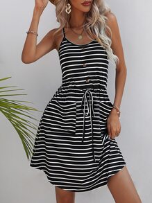 SHEIN LUNE Striped Print Knot Front Dual Pocket Cami Dress - Black and White - View 6