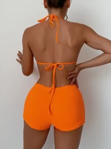 SHEIN Swim 褶皺露背連領比基尼套裝，夏日沙灘必備 - 橘色 - 查看 2