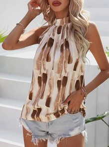 Breezaya Brush Print Keyhole Back Halter Neck Blouse - Coffee Brown - View 4