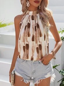 Breezaya Brush Print Keyhole Back Halter Neck Blouse - Coffee Brown - View 6