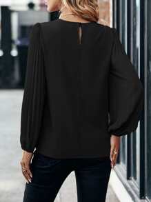 SHEIN LUNE Solid Pleated Lantern Sleeve Blouse Fall Cloth For Women - Black - View 2