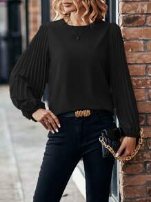 SHEIN LUNE Solid Pleated Lantern Sleeve Blouse Fall Cloth For Women - Black - View 3