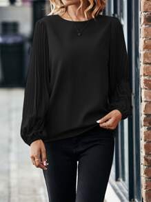 SHEIN LUNE Solid Pleated Lantern Sleeve Blouse Fall Cloth For Women - Black - View 4