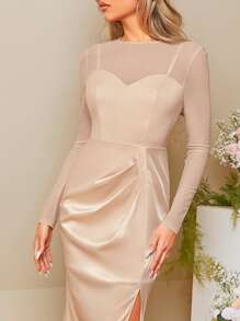 SHEIN Belle Contrast Mesh Ruched Split Thigh Satin Bridesmaid Dress - Apricot - View 4