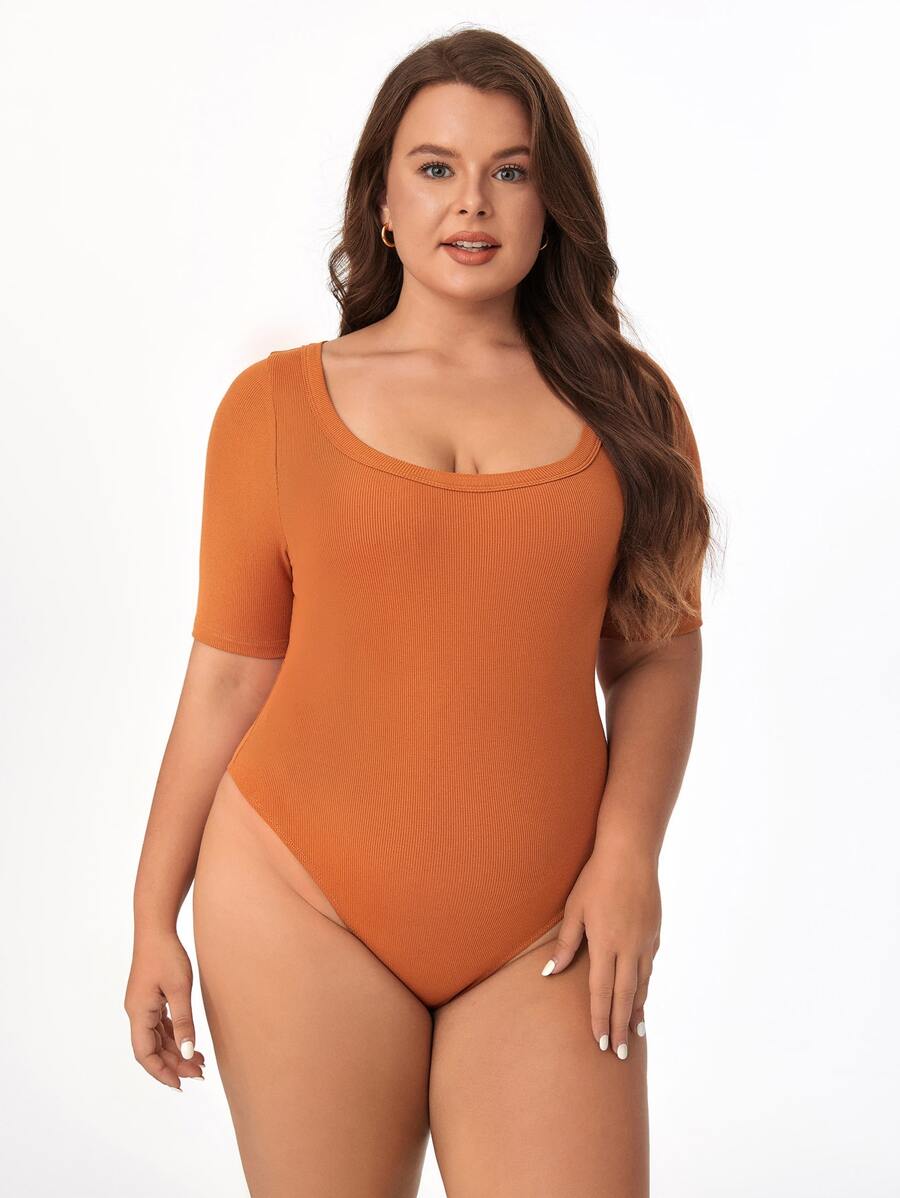 SHEIN BASICS Hơn Chất rắn Scoop Cổ Đồ đan Ribbed Áo liền quần chặt - gừng - Xem 1