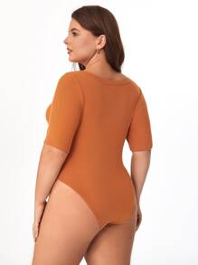 SHEIN BASICS Hơn Chất rắn Scoop Cổ Đồ đan Ribbed Áo liền quần chặt - gừng - Xem 2