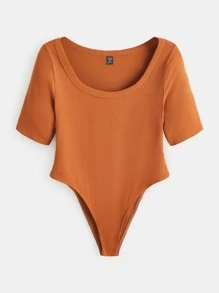 SHEIN BASICS Hơn Chất rắn Scoop Cổ Đồ đan Ribbed Áo liền quần chặt - gừng - Xem 3