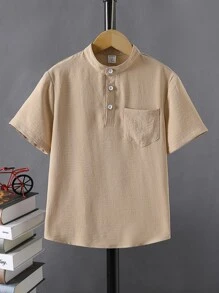 Boys Half Button Pocket Patched Shirt - Khaki - View 1