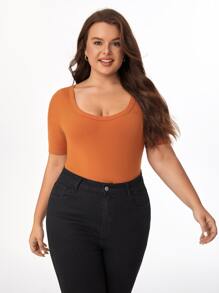 SHEIN BASICS Hơn Chất rắn Scoop Cổ Đồ đan Ribbed Áo liền quần chặt - gừng - Xem 4
