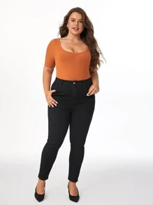 SHEIN BASICS Hơn Chất rắn Scoop Cổ Đồ đan Ribbed Áo liền quần chặt - gừng - Xem 6