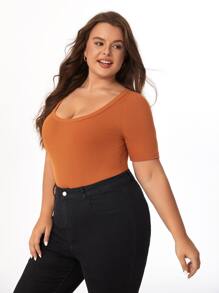 SHEIN BASICS Hơn Chất rắn Scoop Cổ Đồ đan Ribbed Áo liền quần chặt - gừng - Xem 7