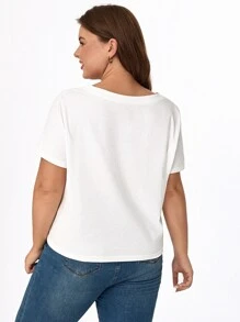 SHEIN BASICS Plus 純色 V 領 T 卹 - 白色 - 查看 2