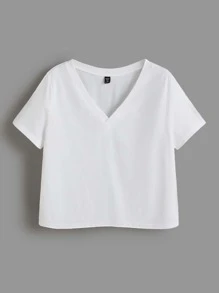 SHEIN BASICS Plus 純色 V 領 T 卹 - 白色 - 查看 3