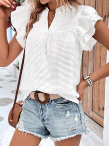 SHEIN Holidaya Áo sơ mi nữ viền lá sen phân lớp màu trơn Giải trí - trắng - Xem 4