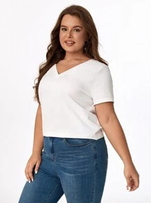 SHEIN BASICS Plus 純色 V 領 T 卹 - 白色 - 查看 4