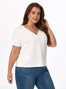 SHEIN BASICS Plus 純色 V 領 T 卹 - 白色 - 查看 7