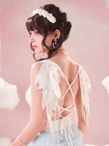 ROMWE Kawaii Top De Cami Sin Espalda Con Decoración De Alas Y Cordones