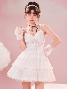 ROMWE Contrast Lace Tie Shoulder Cami Dress - White - View 4