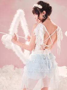 ROMWE Kawaii Top De Cami Sin Espalda Con Decoración De Alas Y Cordones