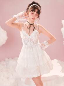 ROMWE Contrast Lace Tie Shoulder Cami Dress - White - View 5
